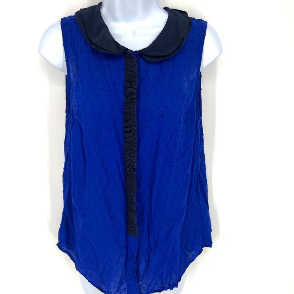 Anthropologie Postmark Sleeveless Collared Swiss Dot Royal Blue & Black SilkTop - Picture 1 of 8